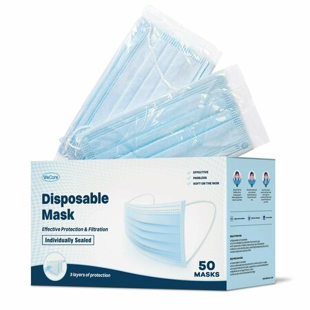 WECARE Disposable Face Mask, 3-Ply with Ear Loop 50 Individually Wrapped, Blue, 50PK WMN100003